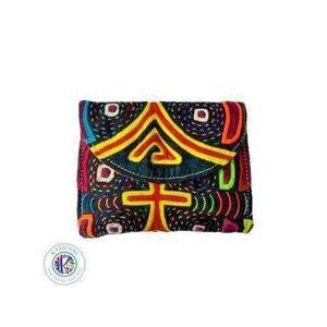Unique Artisan Handmade Mola Wallet Small‎ Round 100% Leather Arte Kuna Colombia